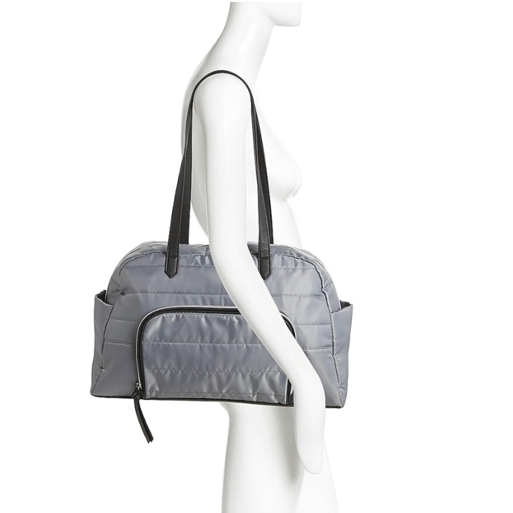DSW silver duffle bag with black handles